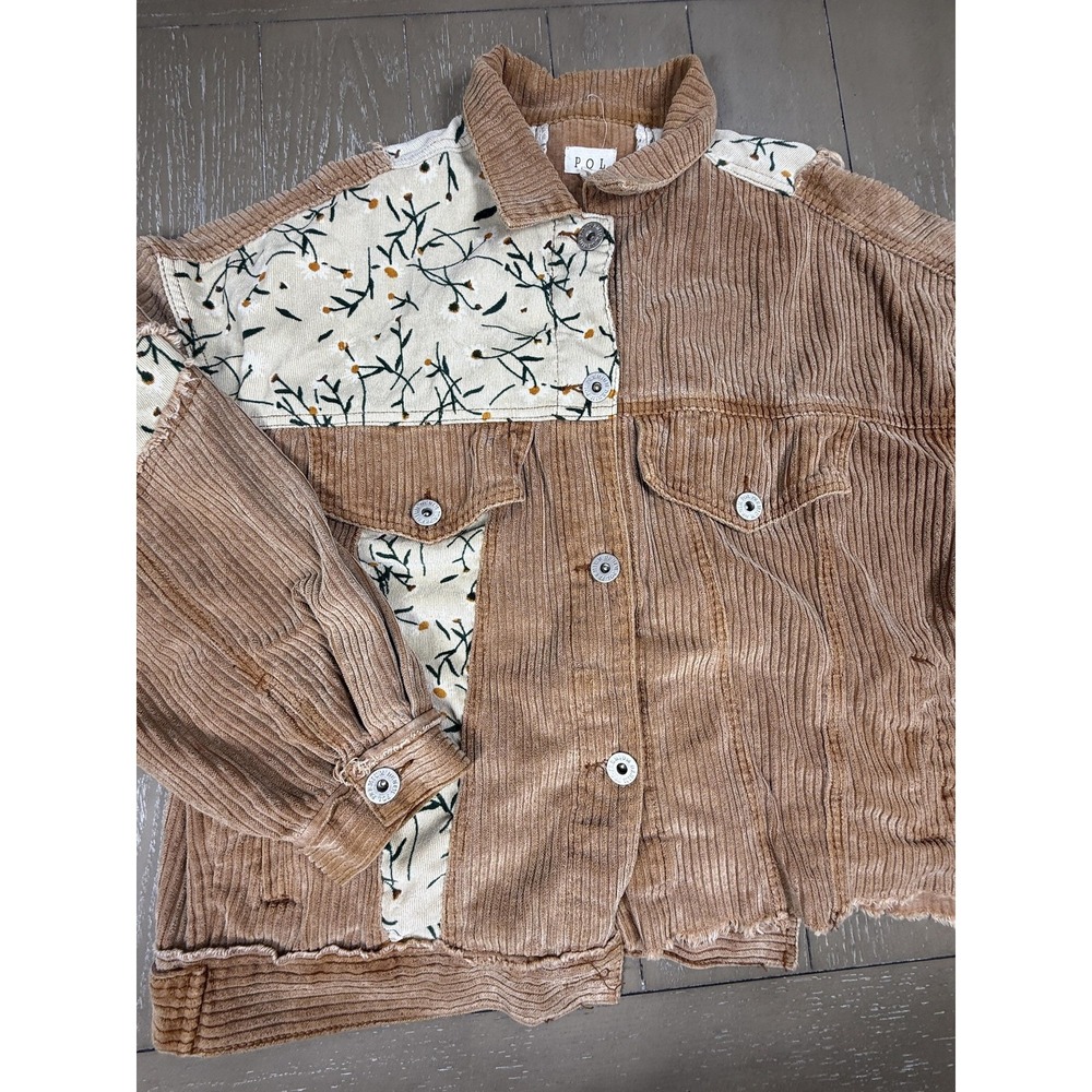 POL Jacket Womens Small Tan Corduroy Floral Patchwork Frayed Hem Oversized Boho - Picture 5 of 11